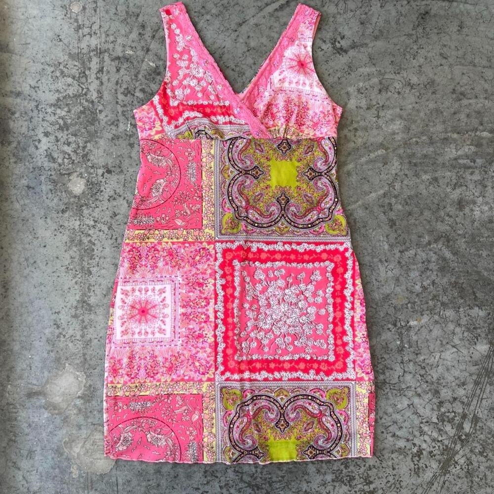 Xhilaration Dress Pink Green Patchwork Paisley Y2K Lace V-Neck Midi Women's XL